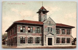 Aberdeen Washington~Brick City Hall, Built MCMIV (1904)~Belltower~1908 Postcard