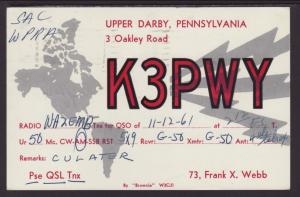 K3PWY Upper Darby,PA QSL Postcard