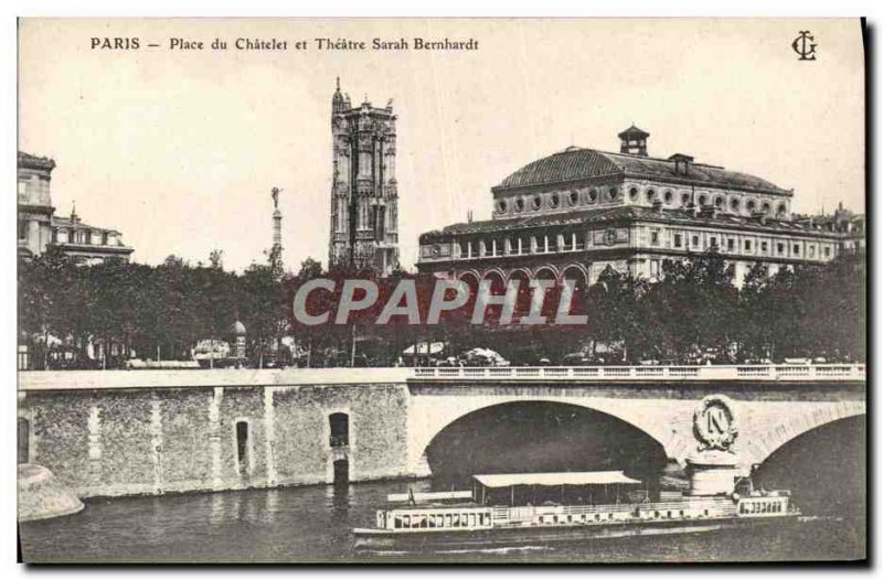 Old Postcard Paris Place du Chatelet and Theater Sarah Bernhardt boat Peniche