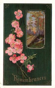 Vintage Postcard 1910 Remembrance Greetings Beautiful Pink Flowers Nature Scene