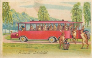 Postcard Happy Easter greetings bus humanized rabbits with painted eggs baskets