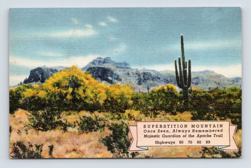 Superstition Mountain US Highway 80 Pinal County AZ UNP Linen Postcard E15