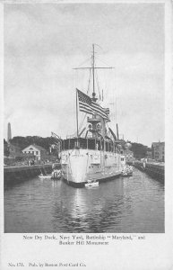 NEW DRY DOCK BATTLESHIP MARYLAND BUNKER HILL MONUMENT MILITARY POSTCARD (c.1905)