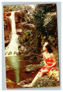 Vintage 1950's Postcard Beautiful Girl Sits By a Waterfall Honolulu Hawaii