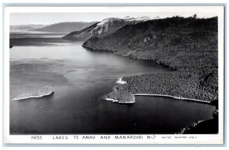 c1950's Ariel View Lakes Te Anau And Manapouri New Zealand RPPC Photo Postcard