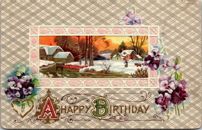 A  HAPPY BIRTHDAY - NATURE SCENE - VINTAGE POSTCARD WINTER SCENE