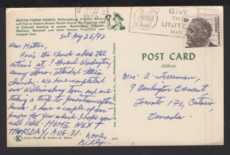 Virginia WILLIAMSBURG Interior Historic Bruton Parish Church pm1972 ~ Chrome