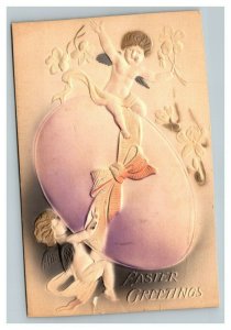 Vintage 1908 Easter Postcard Airbrushed Embossed Giant Egg Angels Tying Bow