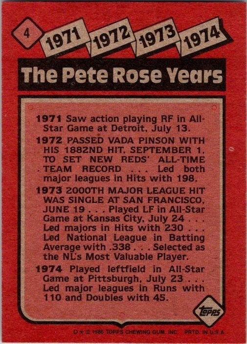 1986 Topps Baseball Card Pete Rose sk10653