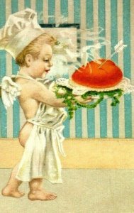 1930s Lovely Cupid Cooking Arrow Heart Chef Bridge Tally Card German Made F43