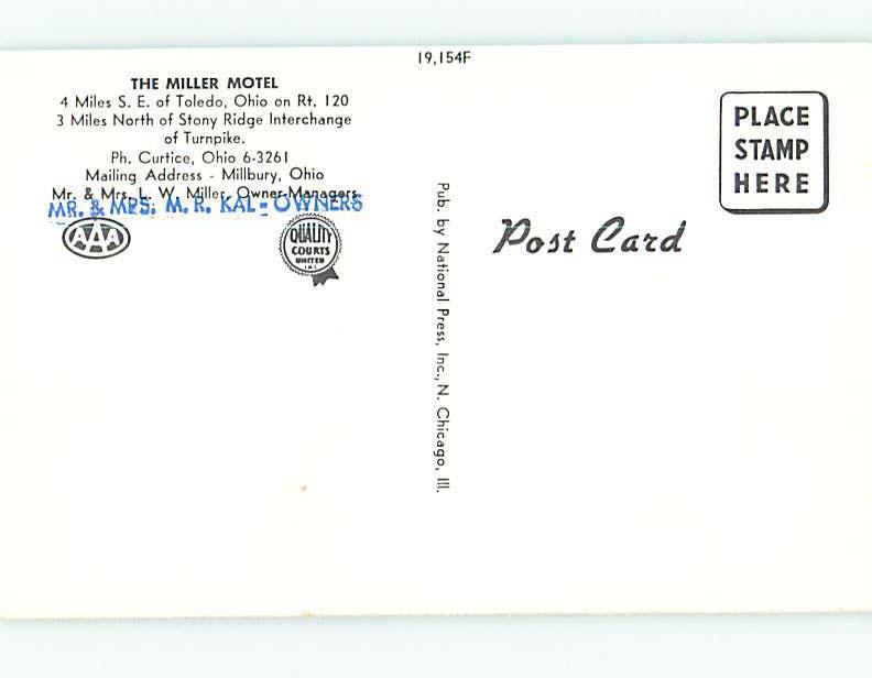 Unused Pre-1980 THE MILLER MOTEL Toledo Ohio OH n7925