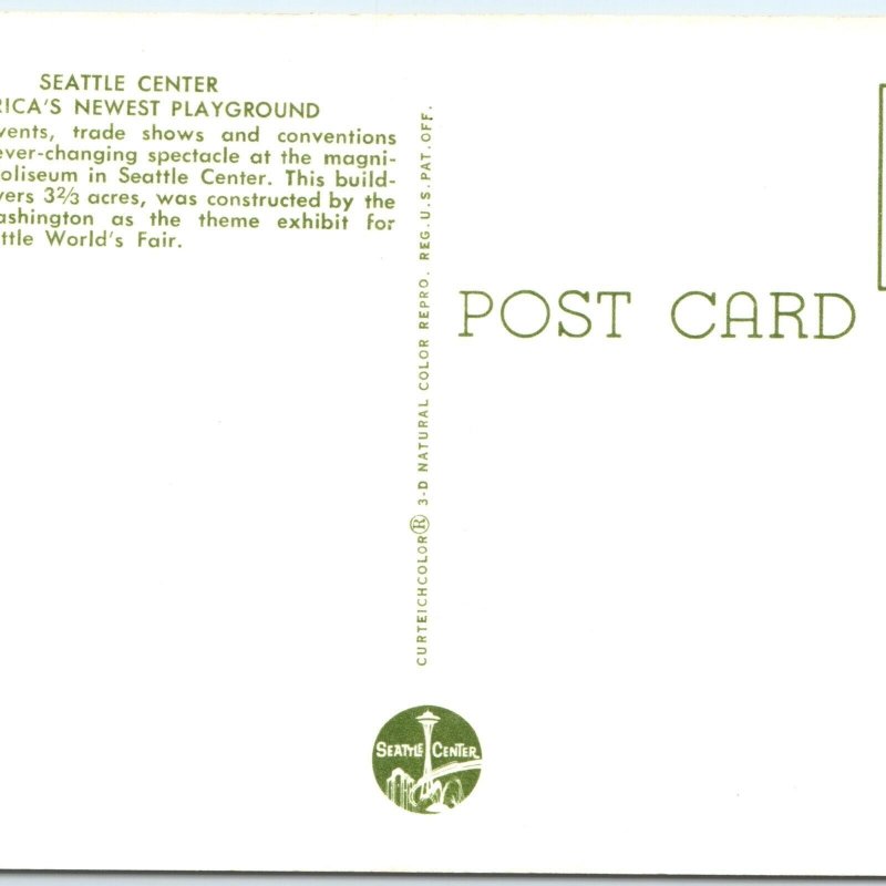 c1970s Seattle, WA Coliseum Sports Center 1962 World's Fair Chrome Postcard A178