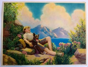 Boy Resting Black Dog Art Print Blessings On The Little Man Keedy Mountain Cliff