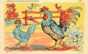 Comic Humor Rooster Chicken New business Walters Teich linen Postcard 3582