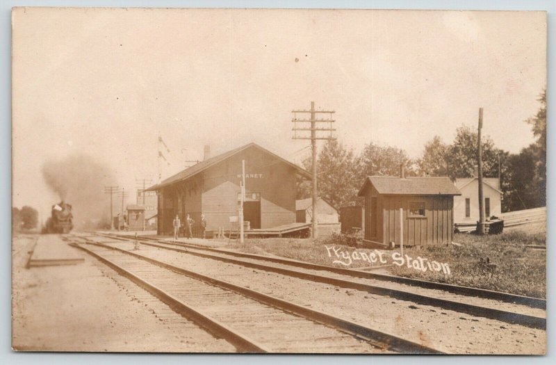 Wyanet Illinois~Train Arrives at Depot~Railroad Station Workers~c1910 RPPC 