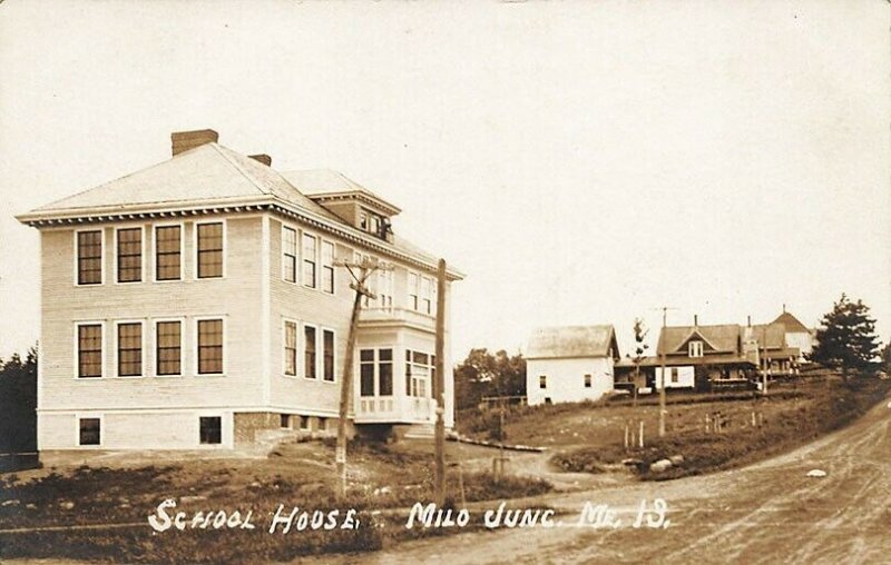 Milo Junction ME School House Street View in 1910 Real Photo Postcard