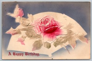 Vintage Victorian Flowers~Pale Pink Roses~Ladies Fan~c1910 Embossed Airbrushed