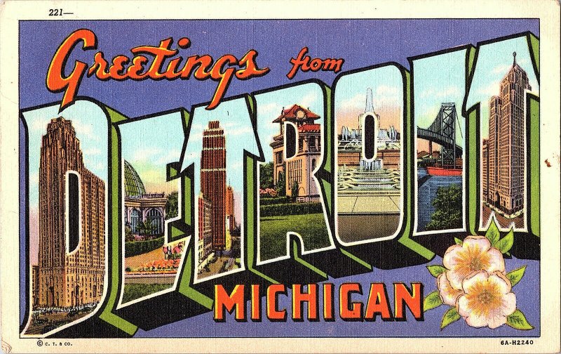 Greetings From Detroit Michigan Vintage LARGE Letter Standard View Postcard 