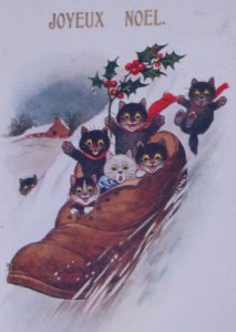 Anthropomorphic Black Cats Kittens Sliding Inter Art Vintage Christmas Postcard