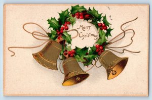 Ellen Clapsaddle Signed Postcard Christmas Ringing Bells Berries Wreath 1907