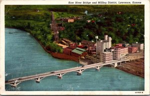 Aerial View, Kaw River Bridge, Milling District Lawrence KS c1948 Postcard T58