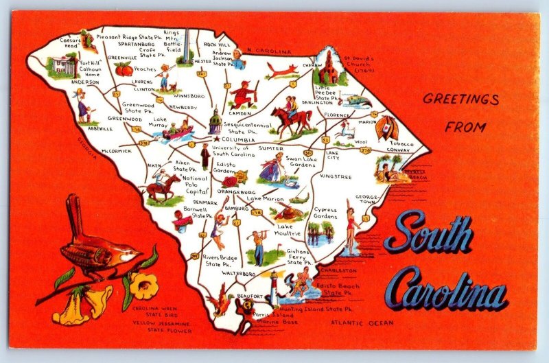 c1950's Greetings From South Carolina Palmetto State Map Correspondence Postcard