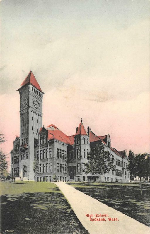 High School, Spokane, WA ca 1910s Hand-Colored Vintage Postcard