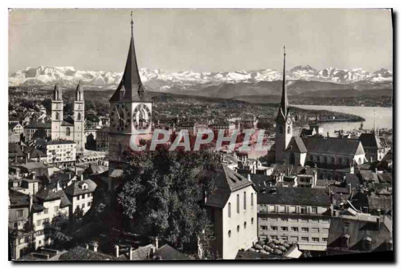 Modern Postcard Zurich Grossmunster St. Peter und die Alpen fraumunsterkirche