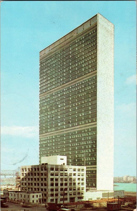 United Nations Secretariat Building NY with UN Stamps Affixed c1953 Postcard M11 