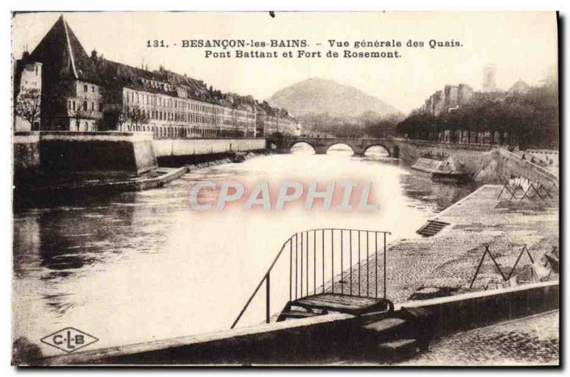 Old Postcard Besancon Les Bains Vue Generale Quays Bridge Casement and Fort R...