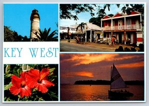 Sailboat, Lighthouse, Hibiscus, Key West, Florida, Chrome Multiview Postcard #1
