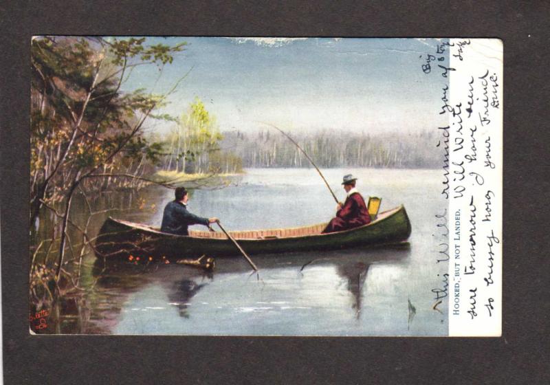 Fishing Canoe Hooked Fish Adirondacks New York NY Oilette Tuck and Sons Postcard