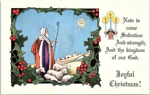 c1915 JOYFUL CHRISTMAS SHEPHARD SHEEP BETHLEHEM STAR EMBOSSED POSTCARD 41-200