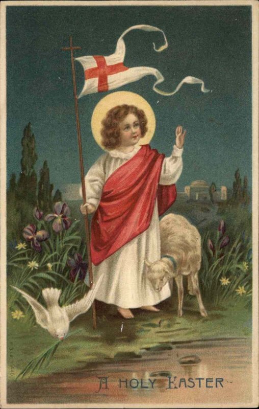 Easter Jesus Christ as Boy with Lamb Shepherd c1910 Vintage Postcard