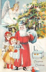 CHRISTMAS HOLIDAY SANTA CLAUS ANGEL CHILDREN DOLL TOYS TREE POSTCARD (c. 1910)