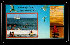 Rhode Island Misquamicut Greetings Showing Beach and Sailing Scene