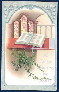 Easter Gladness Open Bible Stain Glass Window unused c1910's