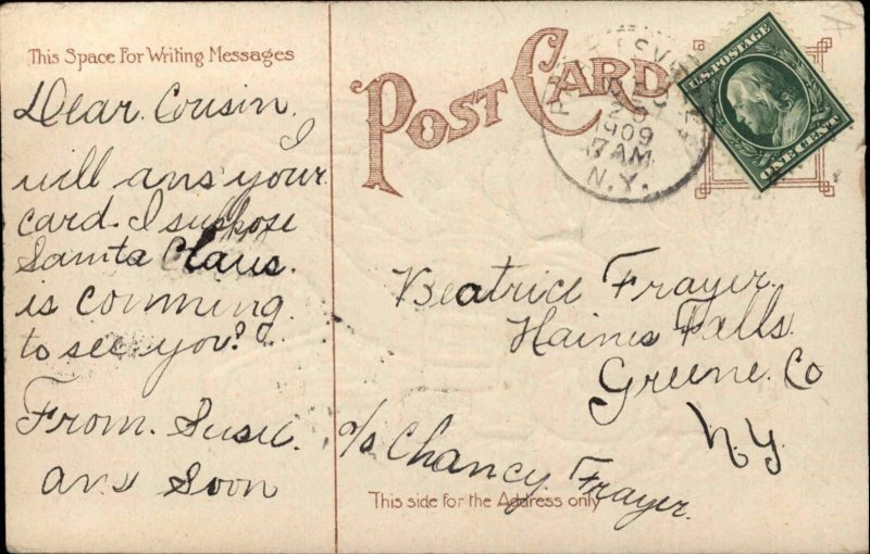 Christmas Santa Claus with Lanterns and Tree c1910 Vintage Postcard