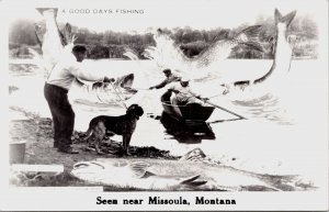 RPPC Good Day Fishing Missoula Montana exaggerated Real Photo Postcard