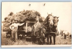 Farming Postcard RPPC Photo Wheat Horses Farmer Hay Wheat c1910's Antique