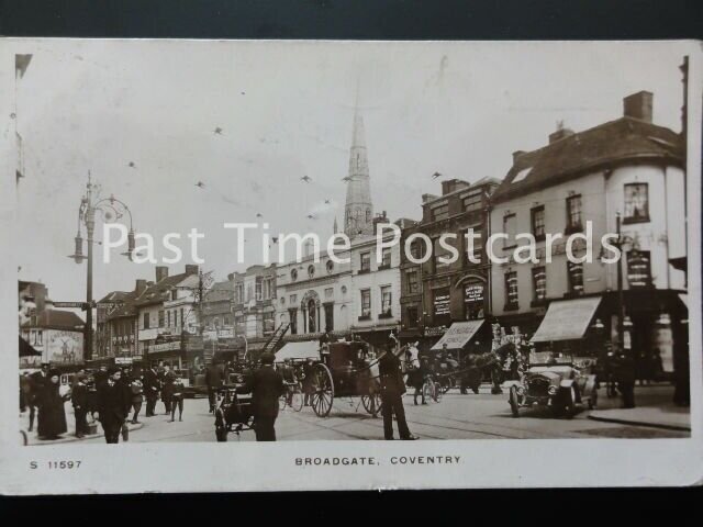COVENTRY Broadgate shows OPEN TOP TRAMS MACDONALDS c1915 RP by Kingsway S11597