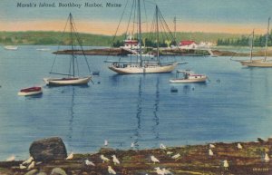 Boothbay Harbor, Maine - Boats and Seagulls at Marsh's Island - Linen