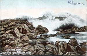 Postcard ME Portland - Surf Cape Shore - waves crashing 1906 Winooski Station