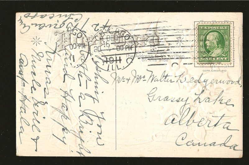 Postmarked 1911 Chicago Ill A Merry Christmas Embossed Color Postcard