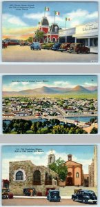 3 Postcards JUAREZ, MEXICO ~ STREET SCENE, Birdseye & Guadalupe Mission c1940s