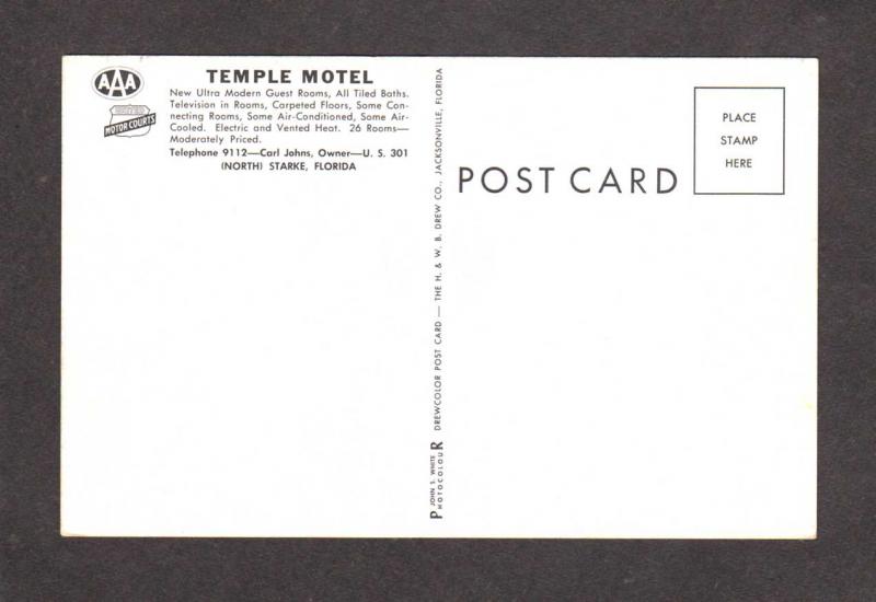 FL Temple Motel Carl Johns Owner North Starke Florida Postcard