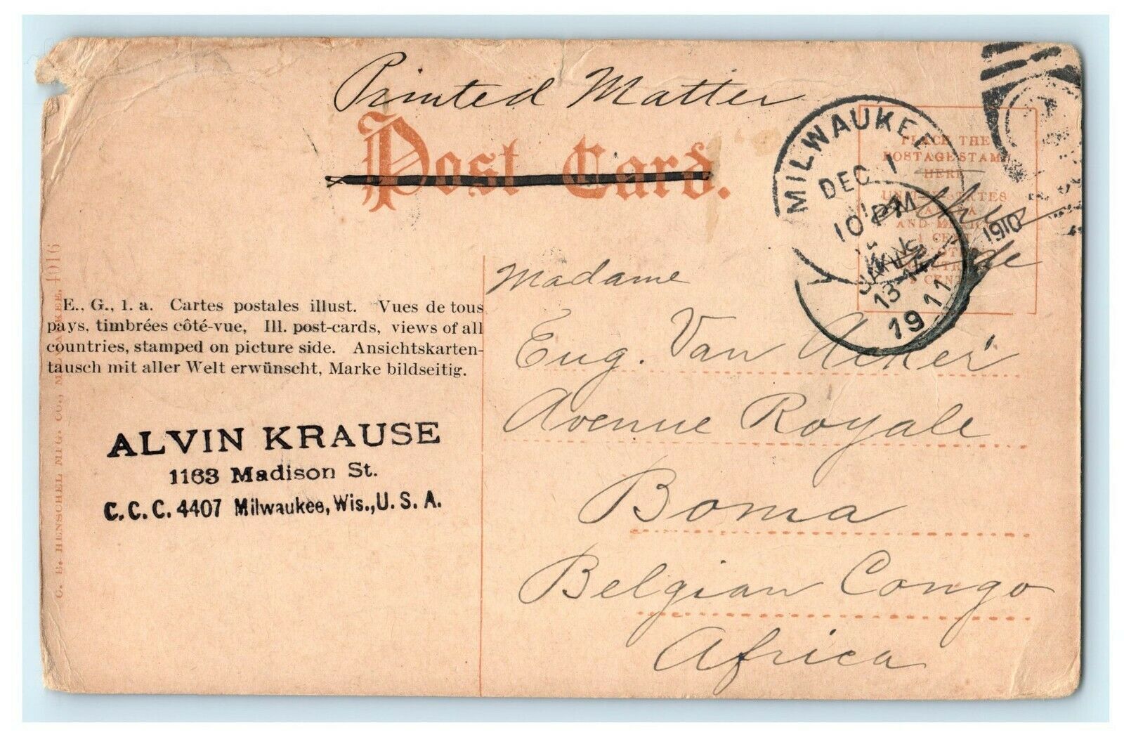 1911 Belgian Congo Africa Elk Monument Juneau Park Milwaukee Wisconsin