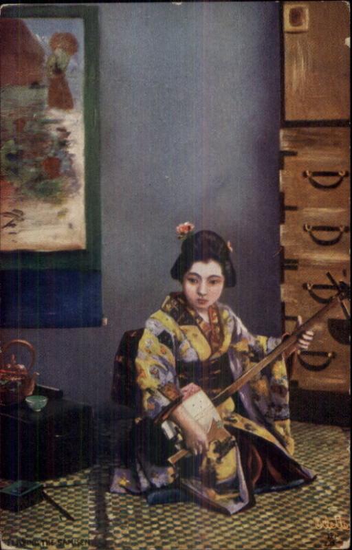 TUCK Oilette - Japanese at Home Woman Playing Music c1910 Postcard