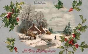 Vintage Postcard A Merry Christmas To You Landscape Snow-Capped Leaves Pine Tree