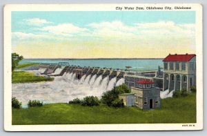 Oklahoma City~Water Dam General View~Falls~Reservoir~Bridge~Boat~Linen 1951 PC